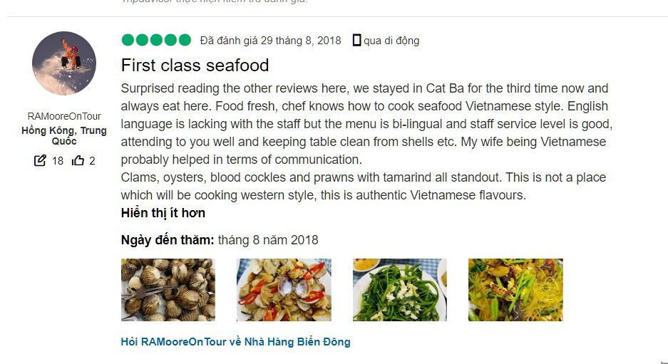review ấn tượng từ khách hàng khi đến ăn tại Nhà hàng Biển Đông