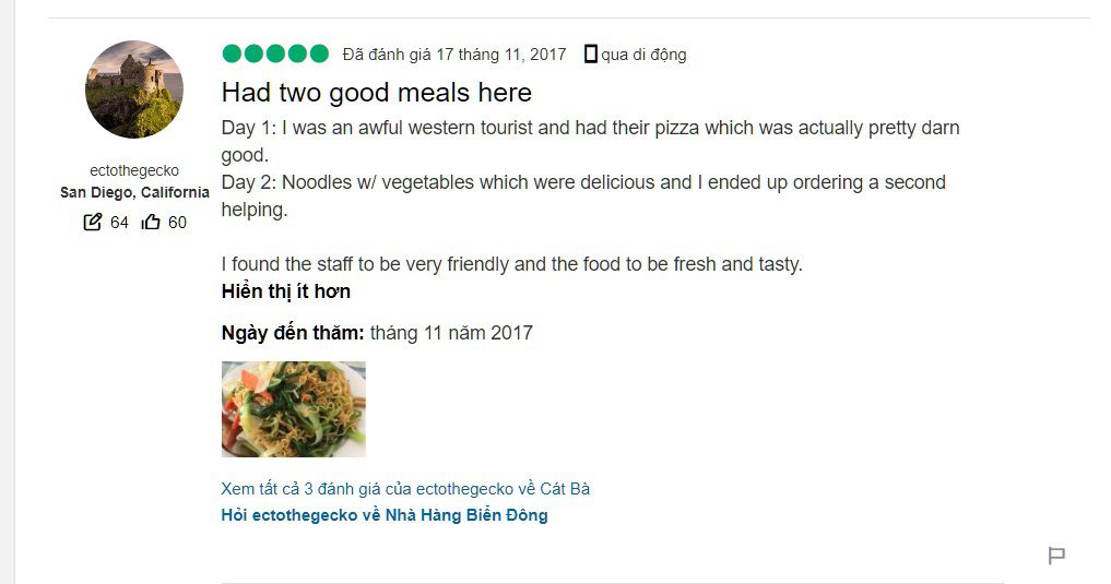 review ấn tượng từ khách hàng khi đến ăn tại Nhà hàng Biển Đông
