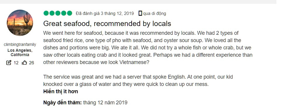 review của du khách khi ghé thăm nhà hàng Viễn Dương